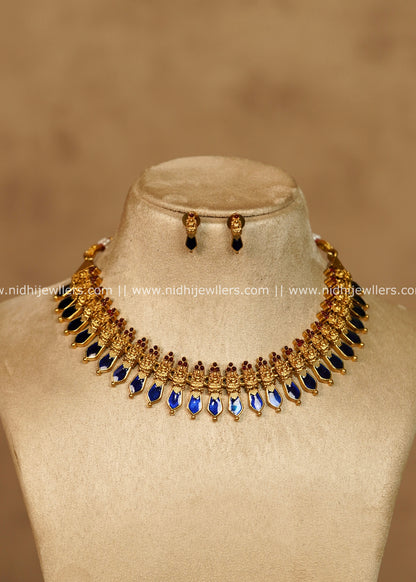Ahalya Antique Gold Royal Blue Palakka Style Choker Necklace Set