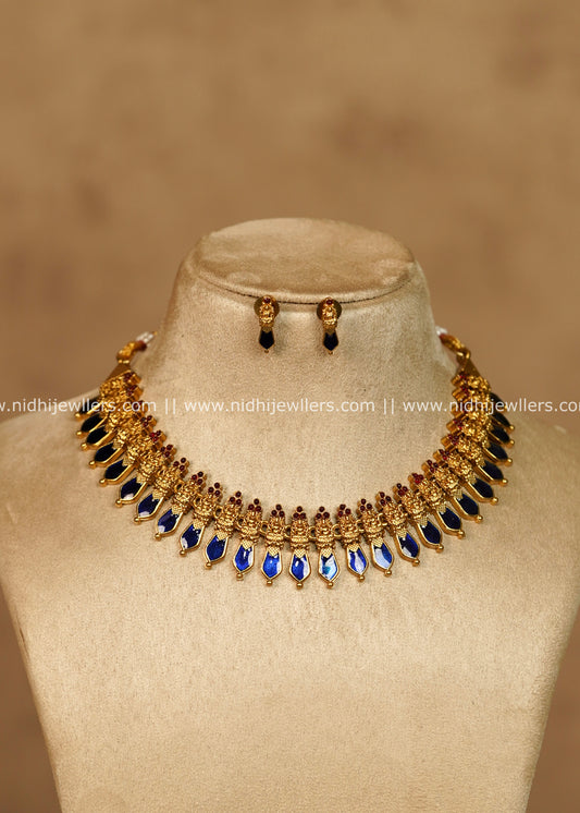 Ahalya Antique Gold Royal Blue Palakka Style Choker Necklace Set