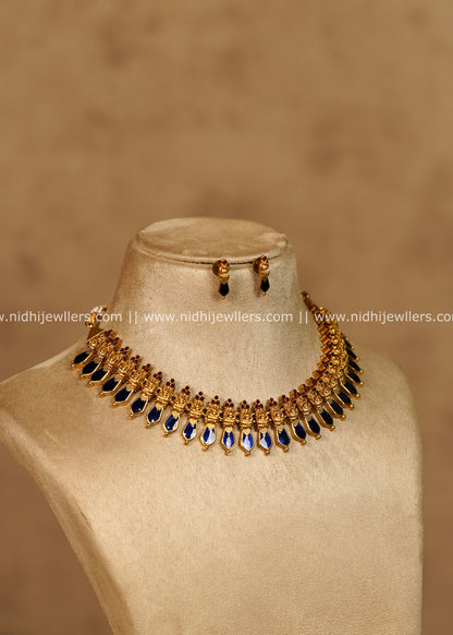 Ahalya Antique Gold Royal Blue Palakka Style Choker Necklace Set
