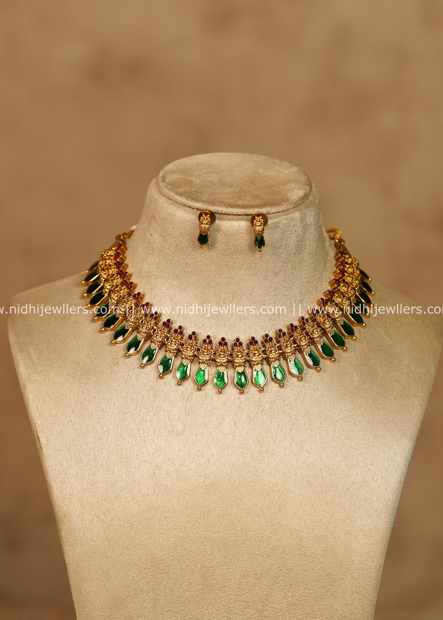Ahalya Traditional Antique Gold Palakka Necklace Set -Green