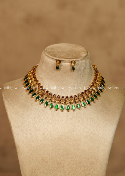 Ahalya Traditional Antique Gold Palakka Necklace Set -Green