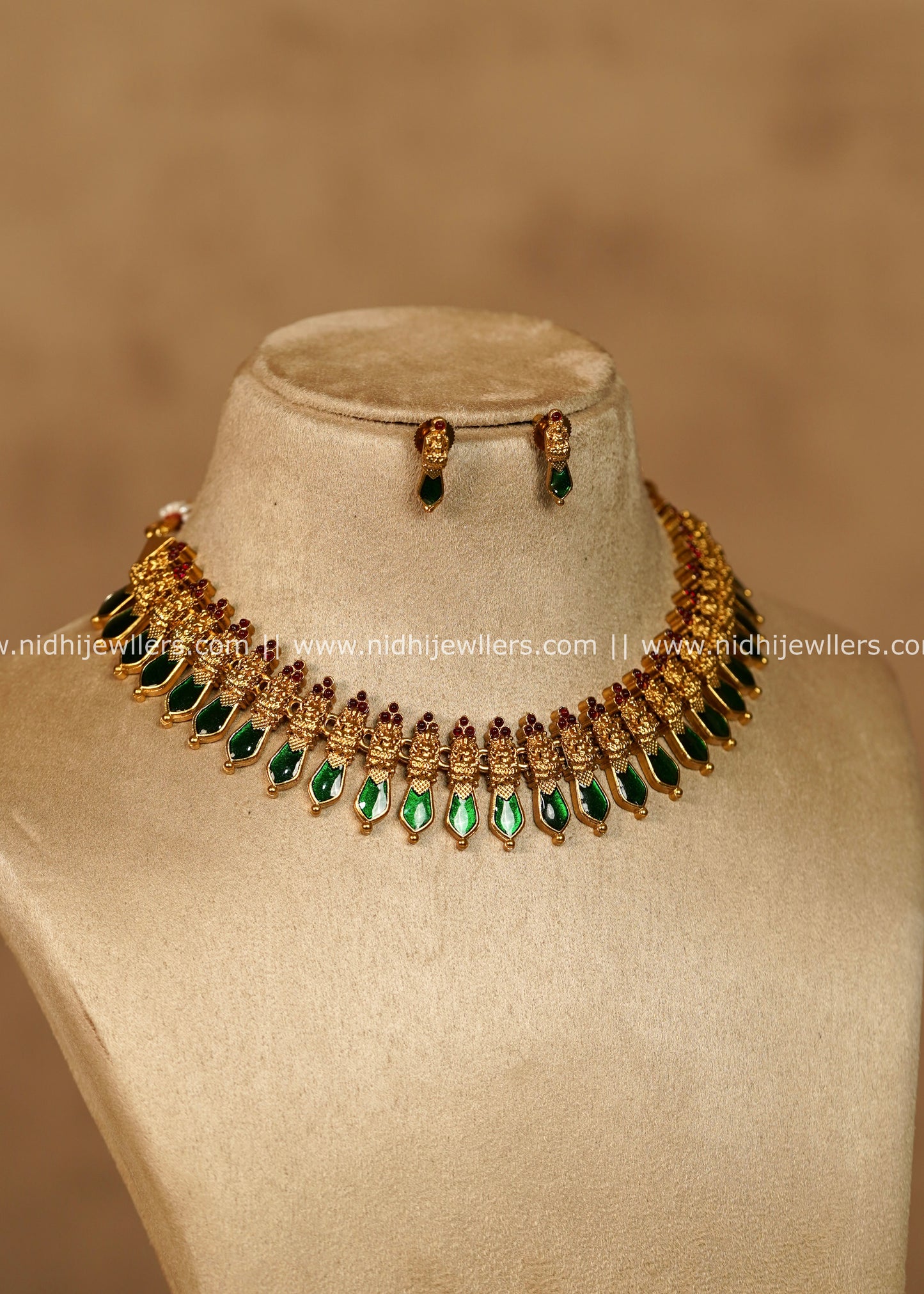 Ahalya Traditional Antique Gold Palakka Necklace Set -Green