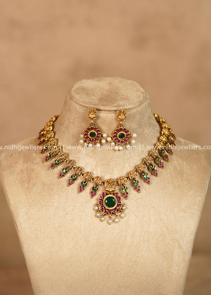 Palakka Lakshmi Nakshi Temple Short Necklace Set - Kriti