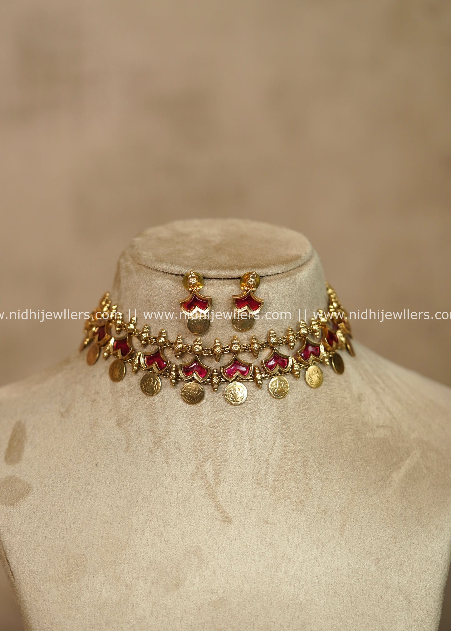 Neha Antique Gold Ruby Red Nagapadam Kasu Choker Necklace Set
