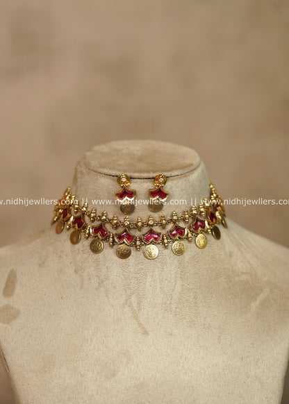 Neha Antique Gold Ruby Red Nagapadam Kasu Choker Necklace Set