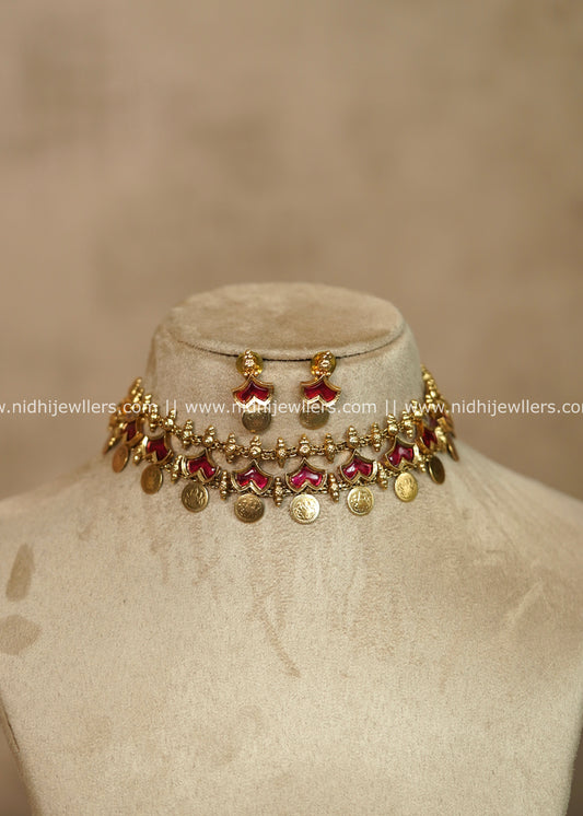 Neha Antique Gold Ruby Red Nagapadam Kasu Choker Necklace Set