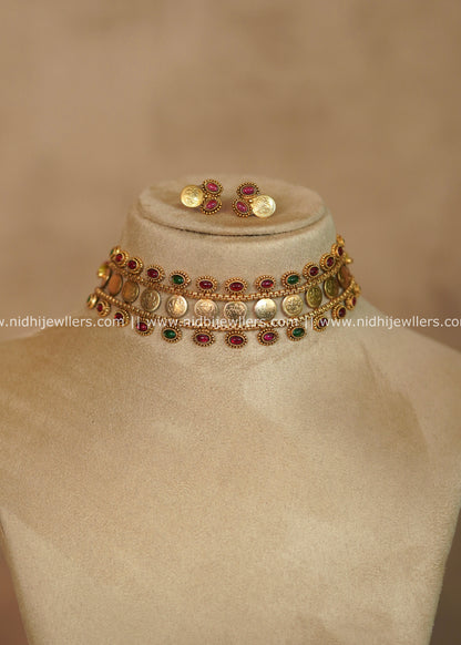 Aparna Antique Gold Kasu Kemp Choker Necklace Set