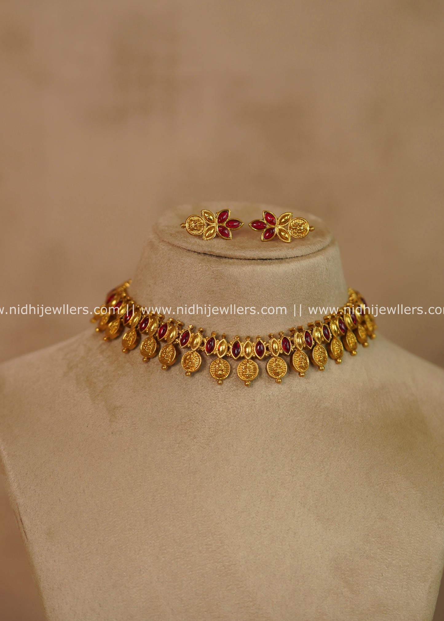 Varsha Antique Kasu & Red Stone Choker Set with Matching Earrings