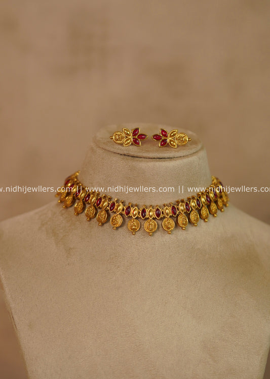 Varsha Antique Kasu & Red Stone Choker Set with Matching Earrings