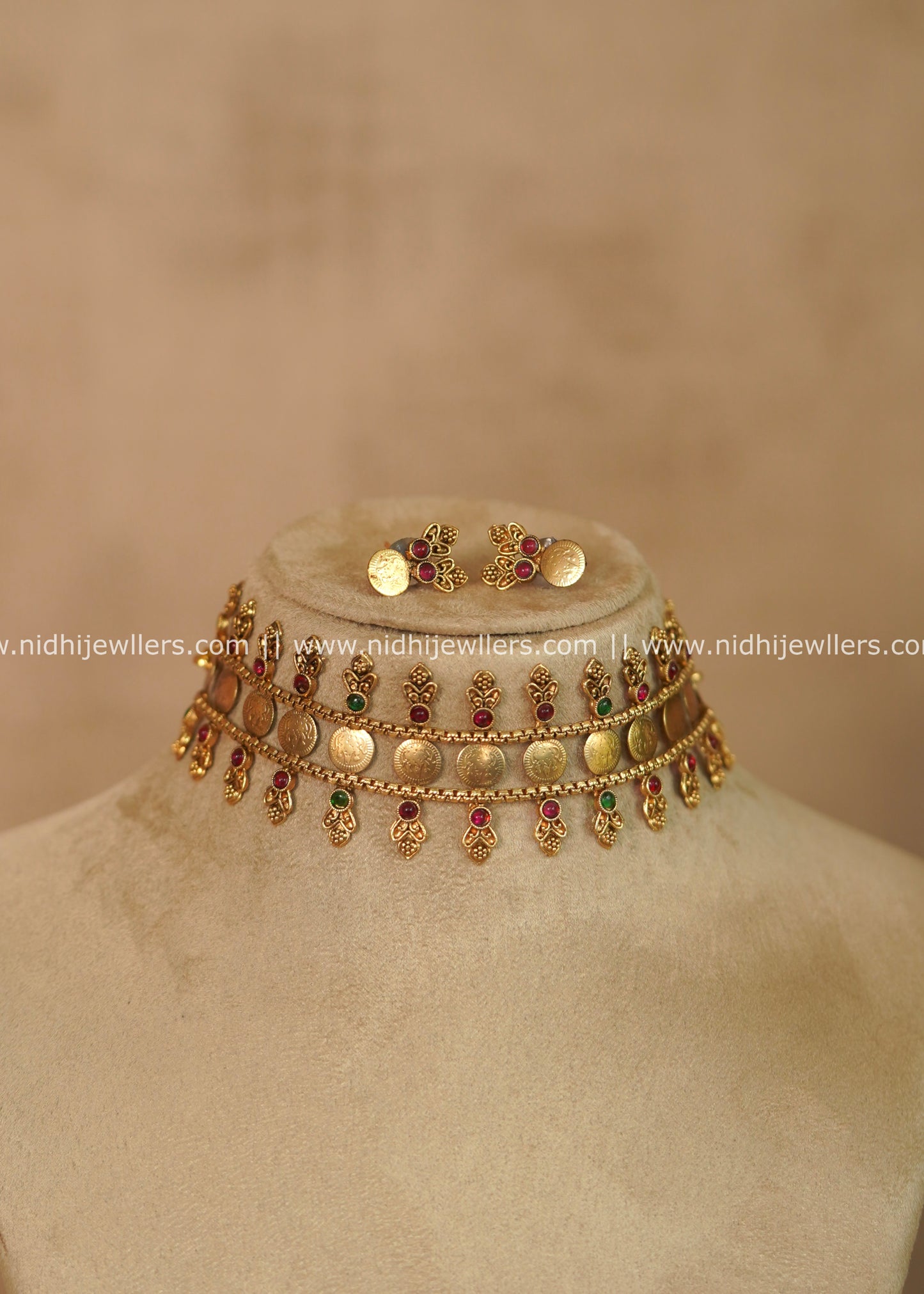 Vrinda Antique Kasu & Kemp Choker Set with Matching Earrings