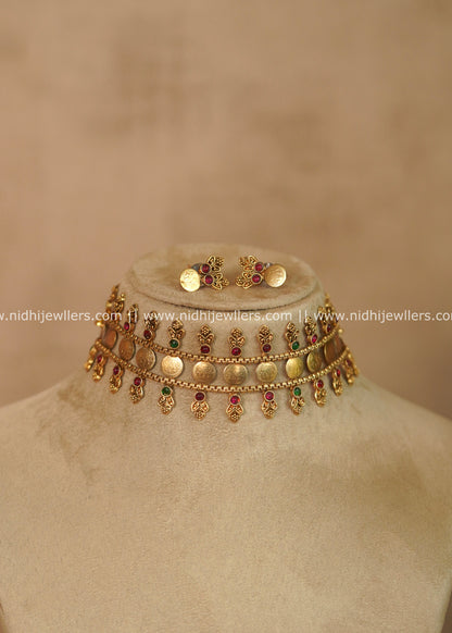 Vrinda Antique Kasu & Kemp Choker Set with Matching Earrings