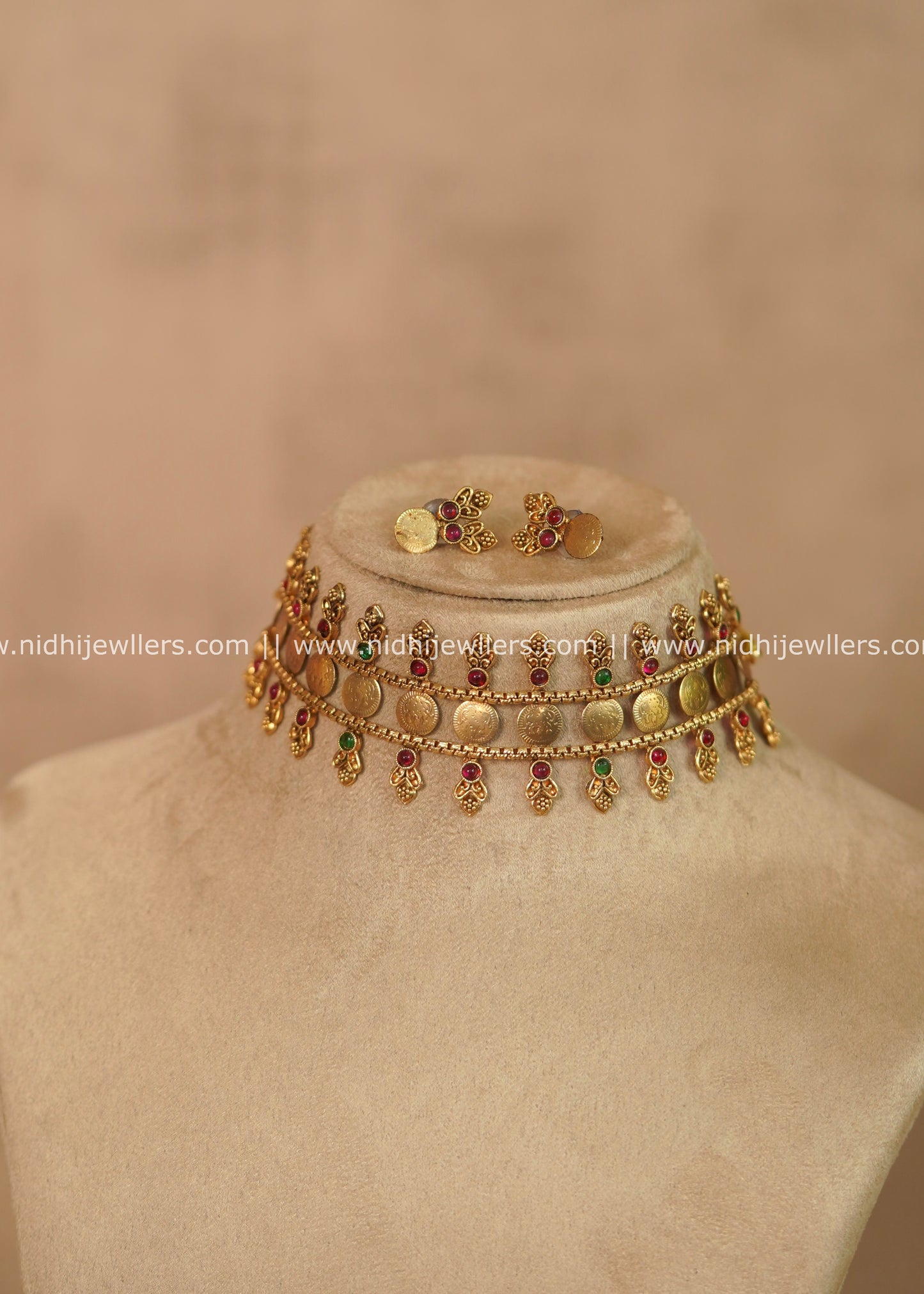 Vrinda Antique Kasu & Kemp Choker Set with Matching Earrings