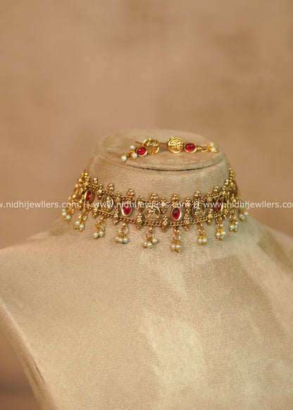 Veena Antique Kasu & Pearl Choker Set with Matching Earrings