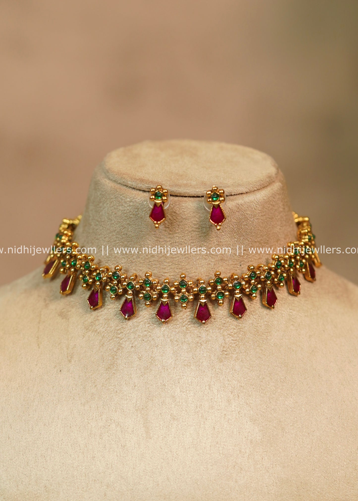 Antique Kemp & Emerald Drop Choker Set with Matching Earrings- Annie