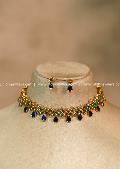 Annie Royal Blue Antique Kemp & Emerald Drop Choker Set with Matching Earrings