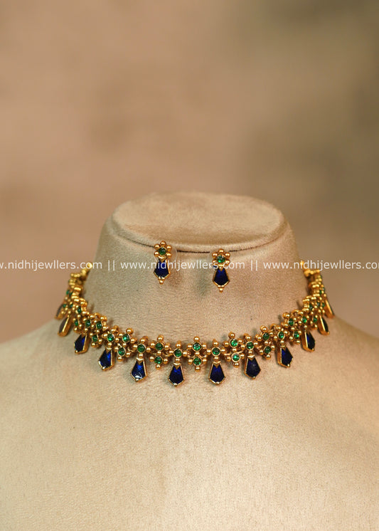 Annie Royal Blue Antique Kemp & Emerald Drop Choker Set with Matching Earrings