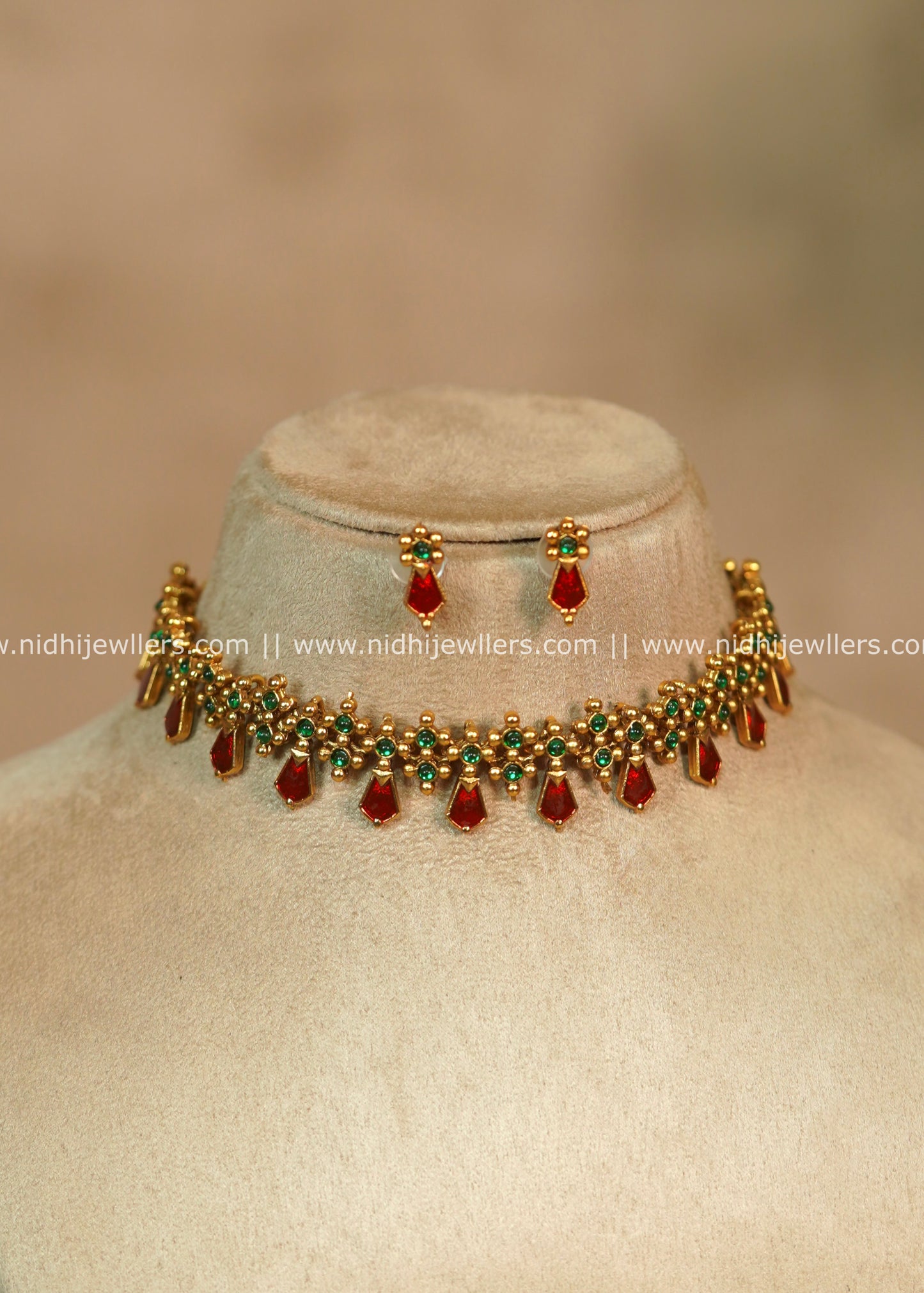 Annie Ruby Antique Kemp & Emerald Choker Set with Matching Earrings