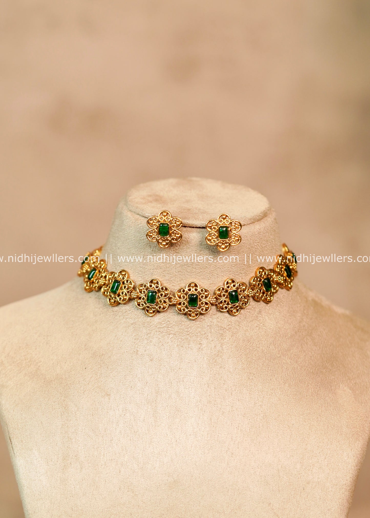 Floral Filigree Emerald Choker Set with Matching Earrings -Non Idol – Kripa