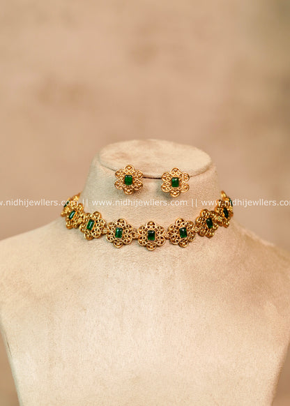 Floral Filigree Emerald Choker Set with Matching Earrings -Non Idol – Kripa