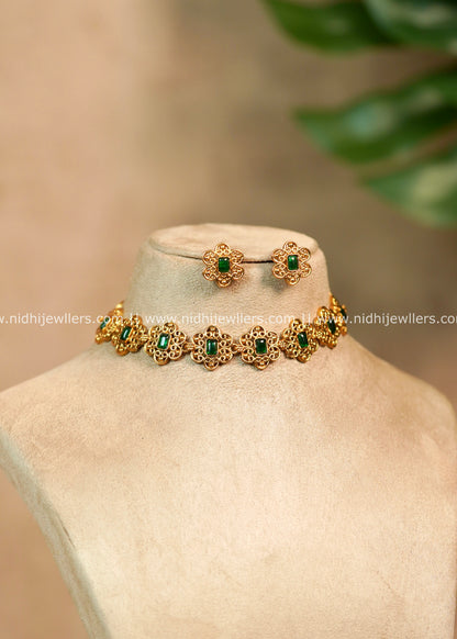 Floral Filigree Emerald Choker Set with Matching Earrings -Non Idol – Kripa