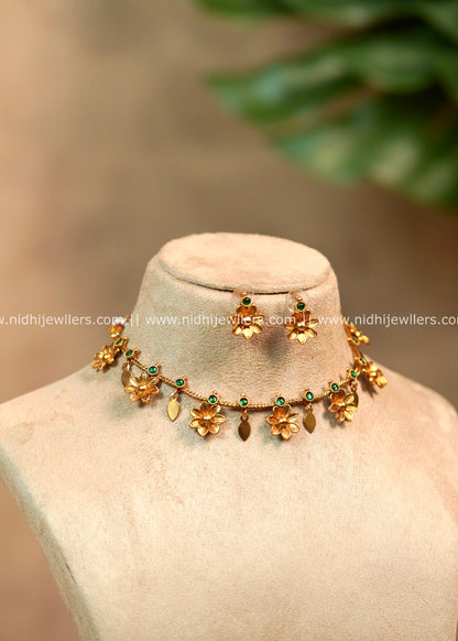 Green Antique Floral Elakkathali Choker Set with Matching Earrings Maithili