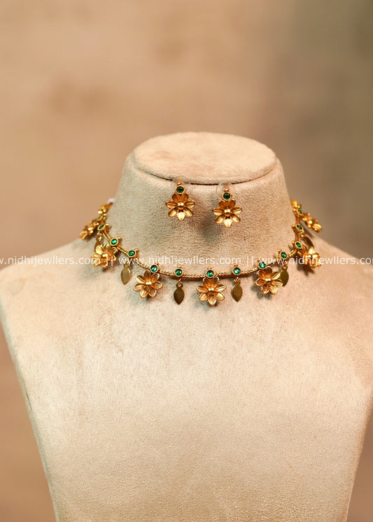 Green Antique Floral Elakkathali Choker Set with Matching Earrings Maithili