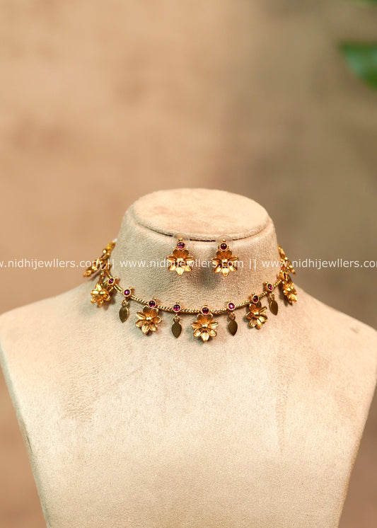 Ruby Antique Floral Elakkathali Choker Set with Matching Earrings: Maithili