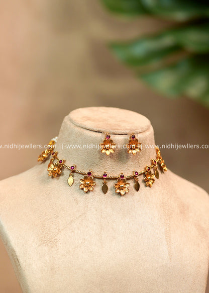 Ruby Antique Floral Elakkathali Choker Set with Matching Earrings: Maithili