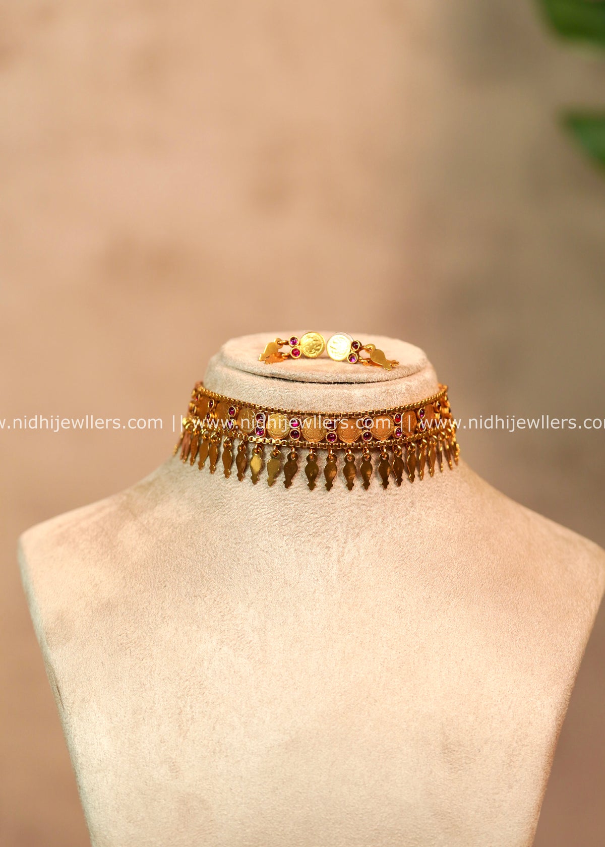 Antique Gold Coin Elakkathali Choker Set with Matching Earrings Madhavi