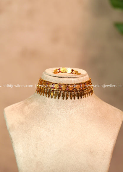 Antique Gold Coin Elakkathali Choker Set with Matching Earrings Madhavi