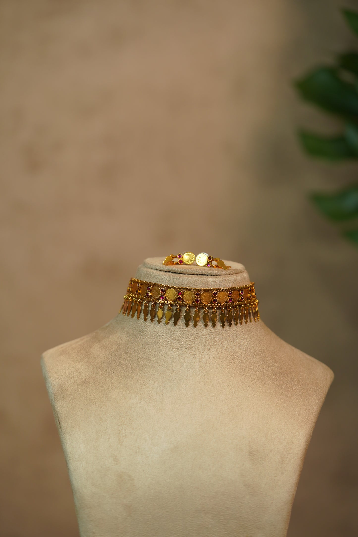 Antique Gold Coin Elakkathali Choker Set with Matching Earrings Madhavi