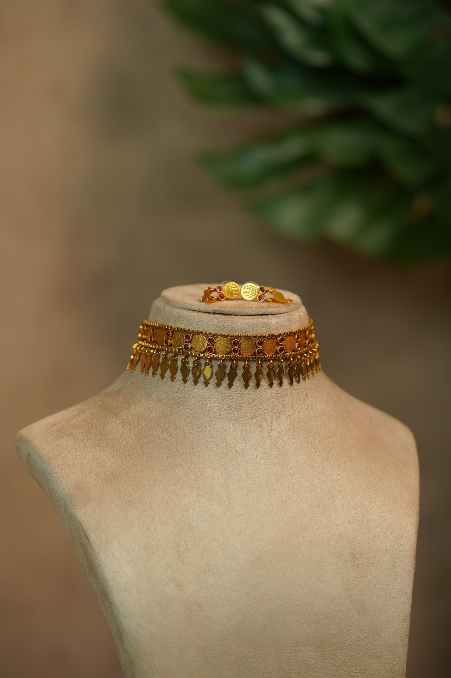 Antique Gold Coin Elakkathali Choker Set with Matching Earrings Madhavi