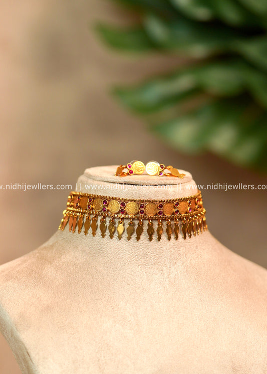 Antique Gold Coin Elakkathali Choker Set with Matching Earrings Madhavi