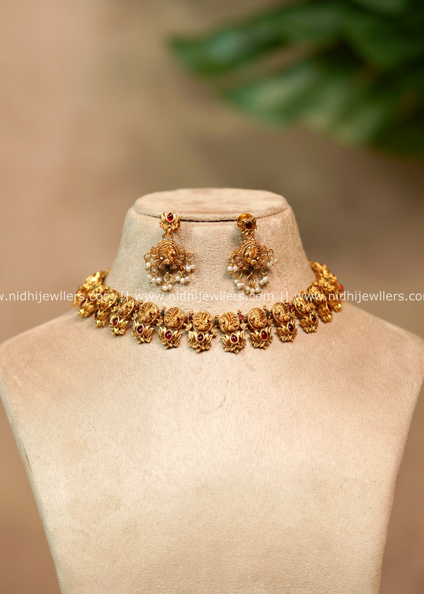 Peacock & Lotus Kemp Non-Idol Necklace Set with Matching Earrings – Mohini