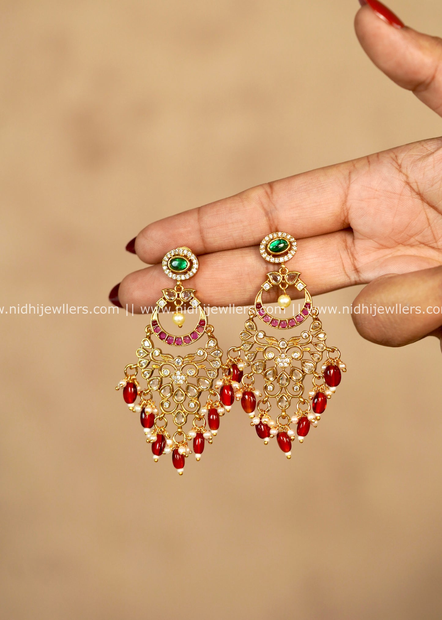Ruby AD & Kemp Chandbali Earrings with Red Bead Drops : Mayugha