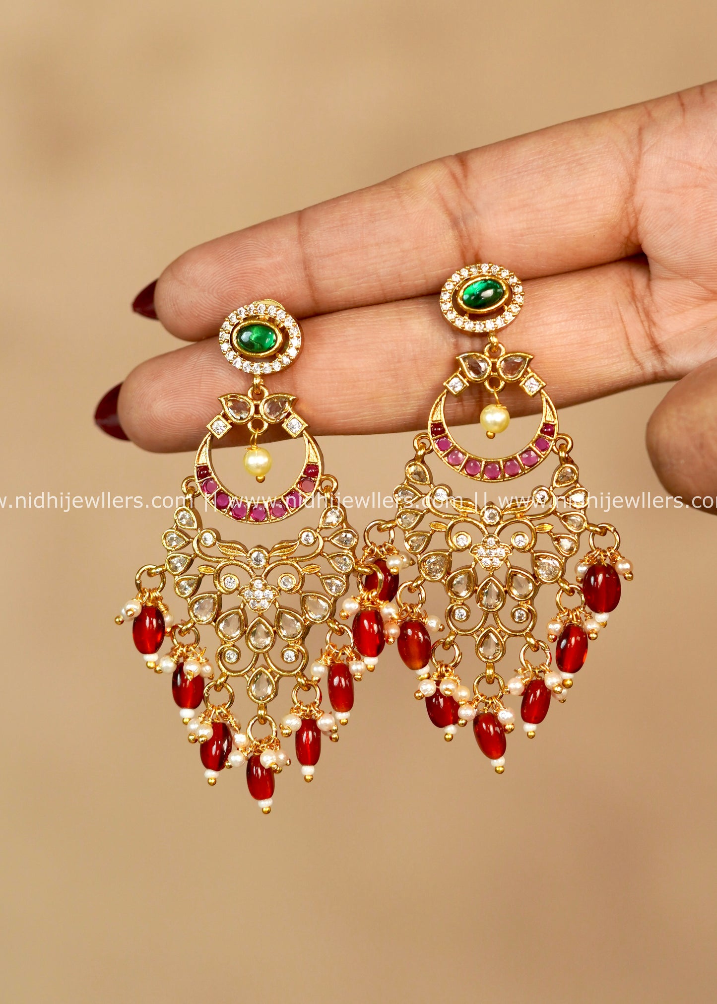 Ruby AD & Kemp Chandbali Earrings with Red Bead Drops : Mayugha