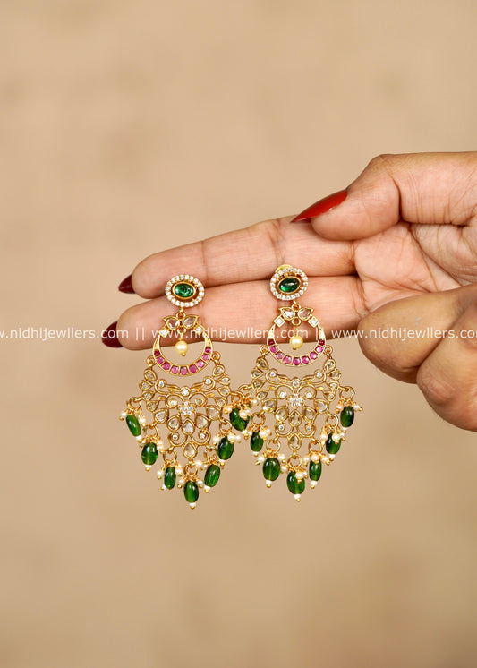 Emerald AD & Kemp Chandbali Earrings with Green Bead Drops: Mayugha
