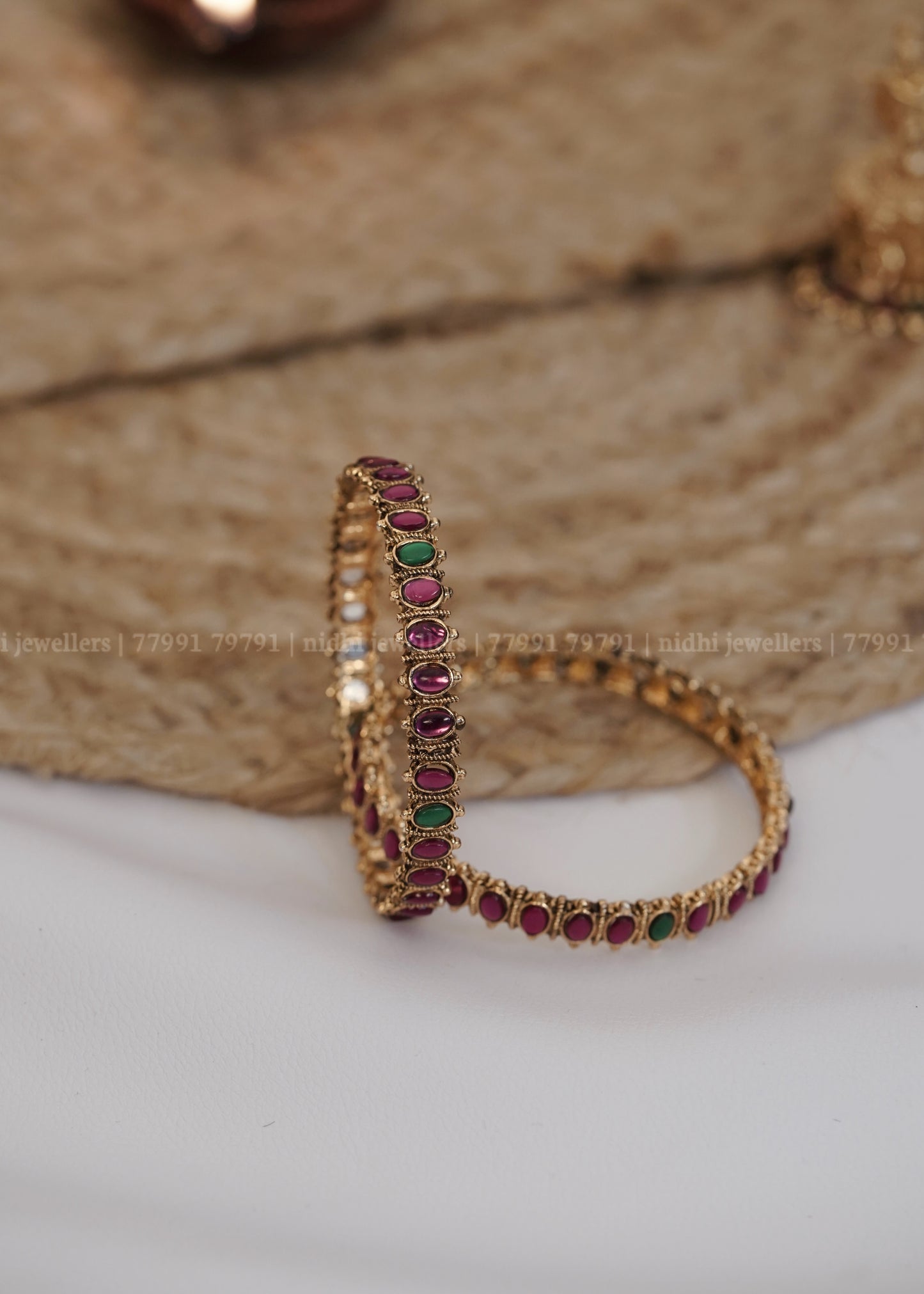 Antique Oval Ruby and Emerald Cabochon Bangles (Pair): Manjari