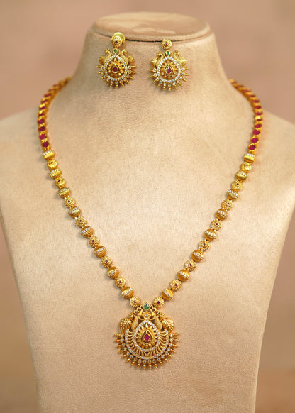 Peacock Pendant Ball Chain Non-Idol Long Haram Set with Matching Earrings – Sani