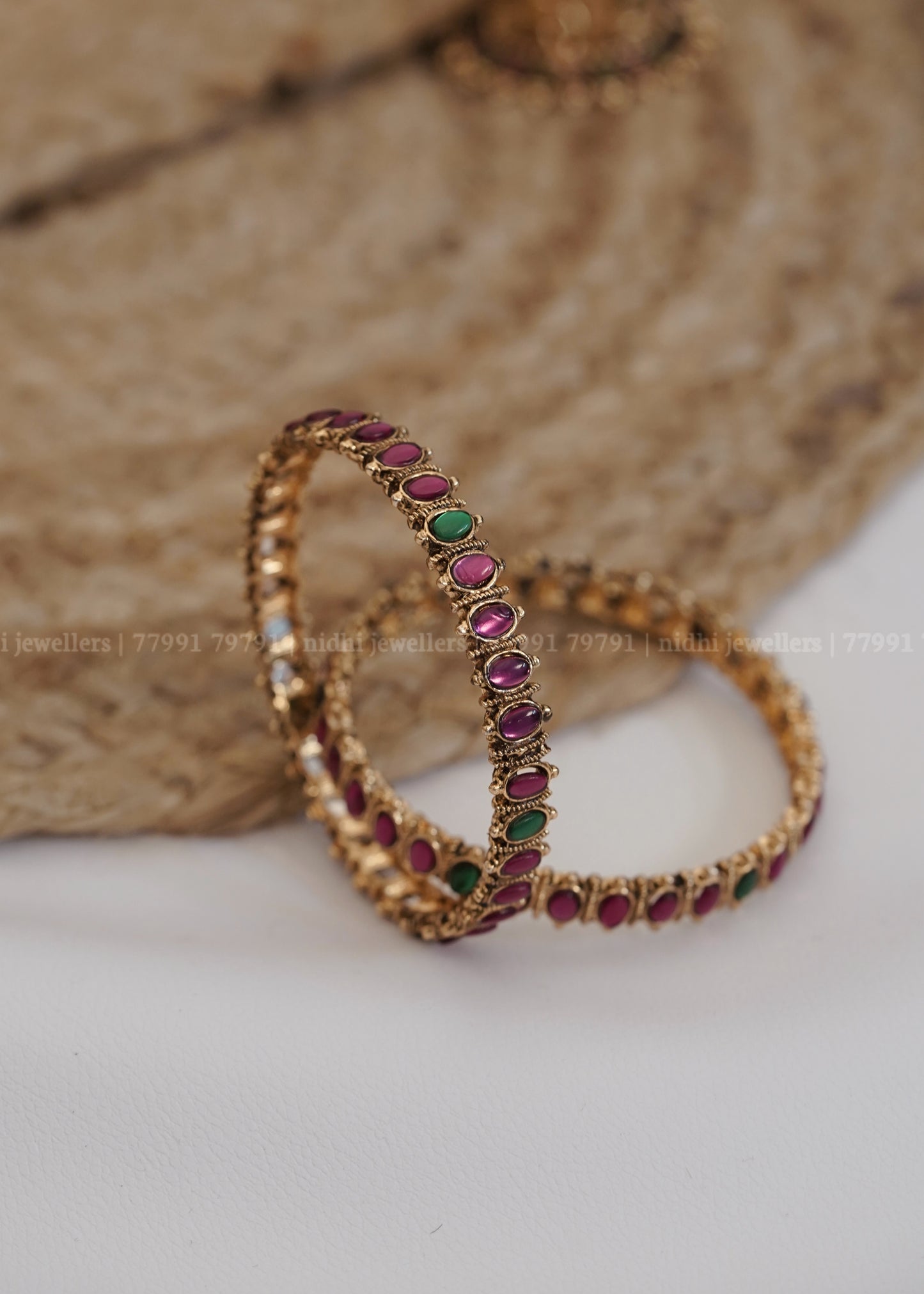 Antique Oval Ruby and Emerald Cabochon Bangles (Pair): Manjari