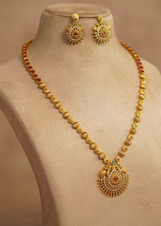 Peacock Pendant Ball Chain Non-Idol Long Haram Set with Matching Earrings – Sani