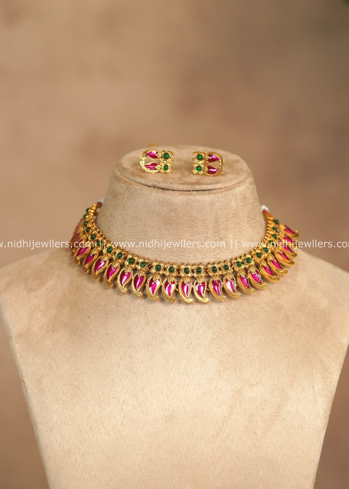 Mango Motif Ruby Enamel & Kemp Choker Set with Matching Earrings – Lavanya