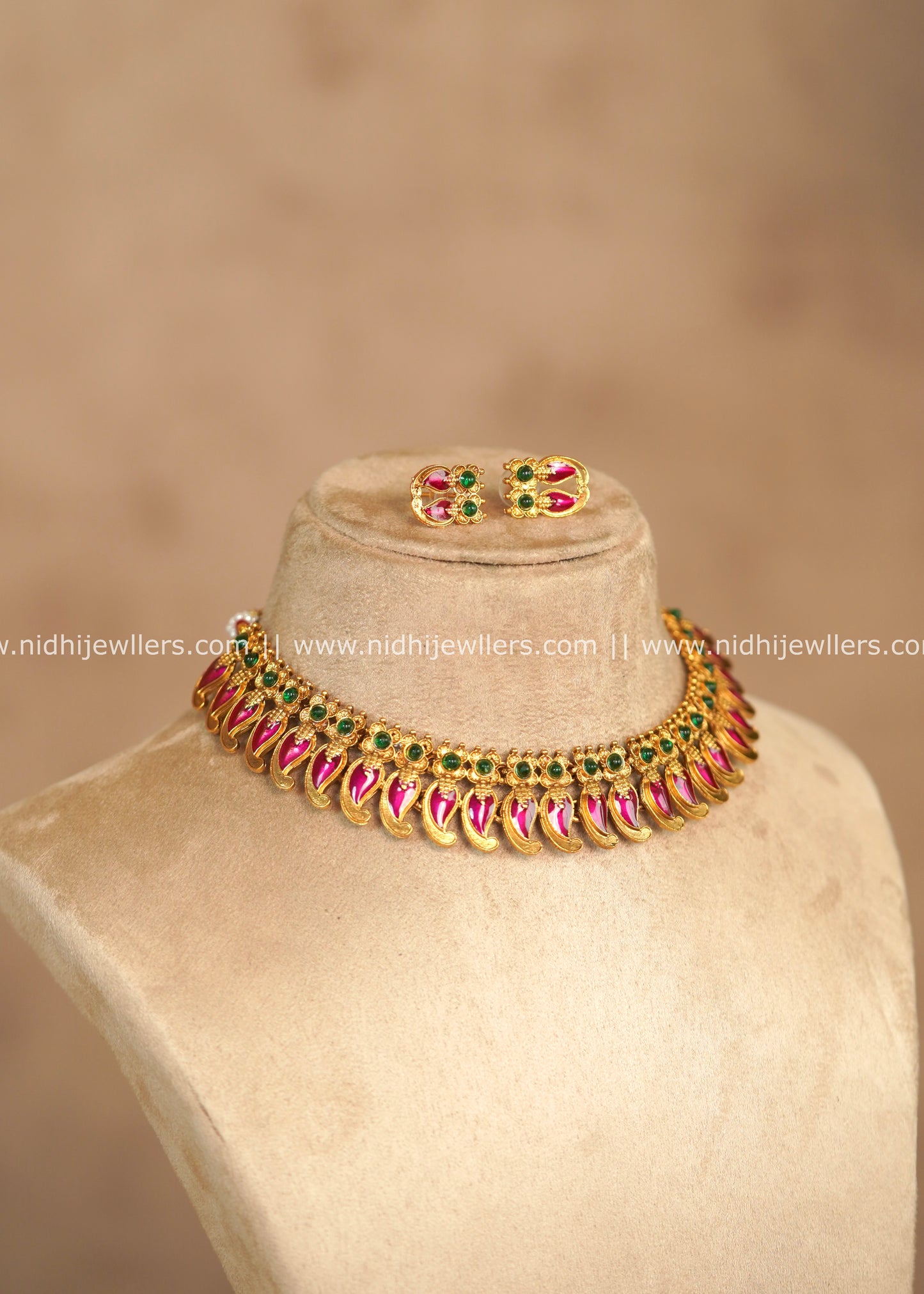 Mango Motif Ruby Enamel & Kemp Choker Set with Matching Earrings – Lavanya
