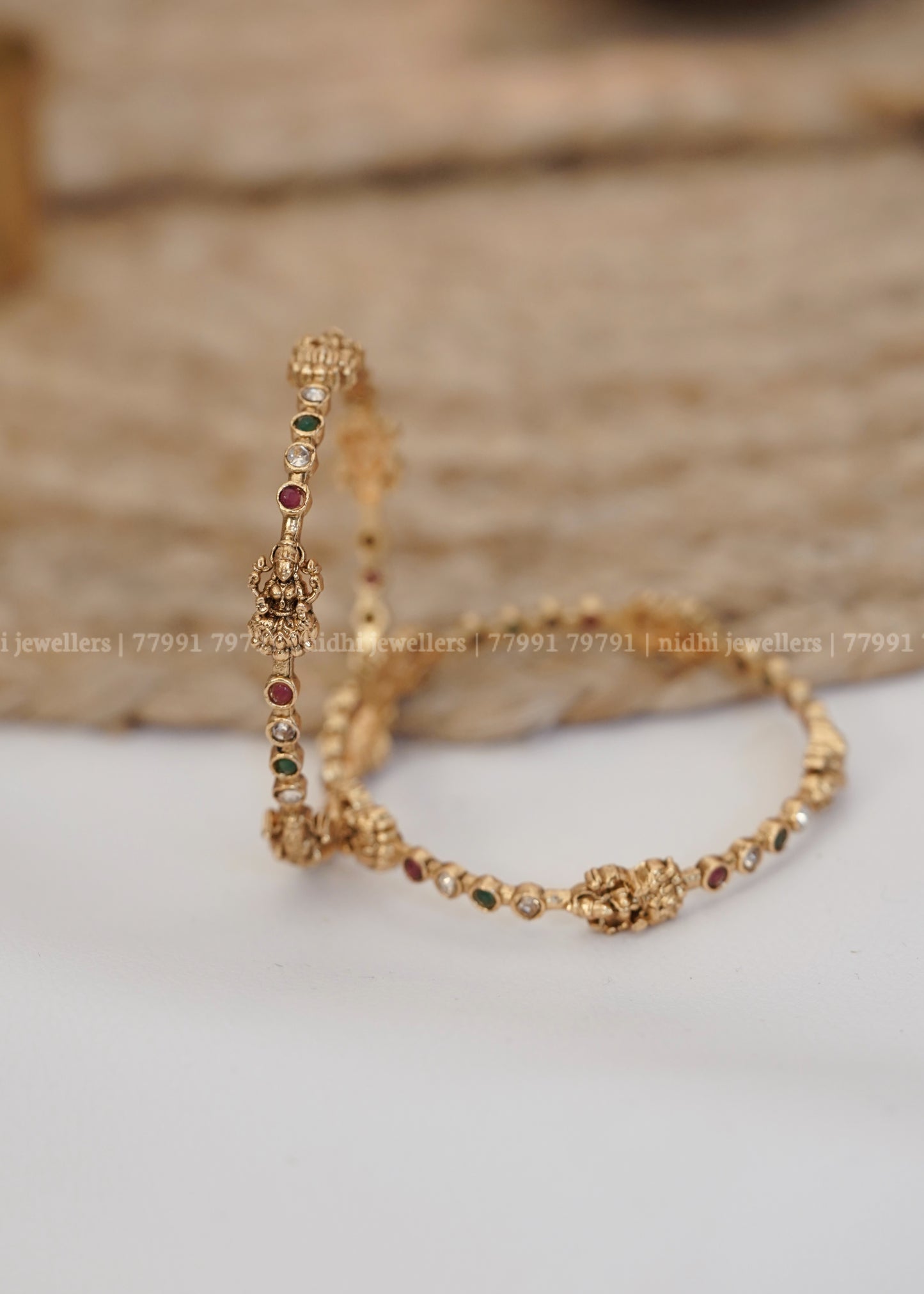Affordable Antique Wavy Lakshmi Temple Bangles with Multi-Colour Accent Stones (Pair)