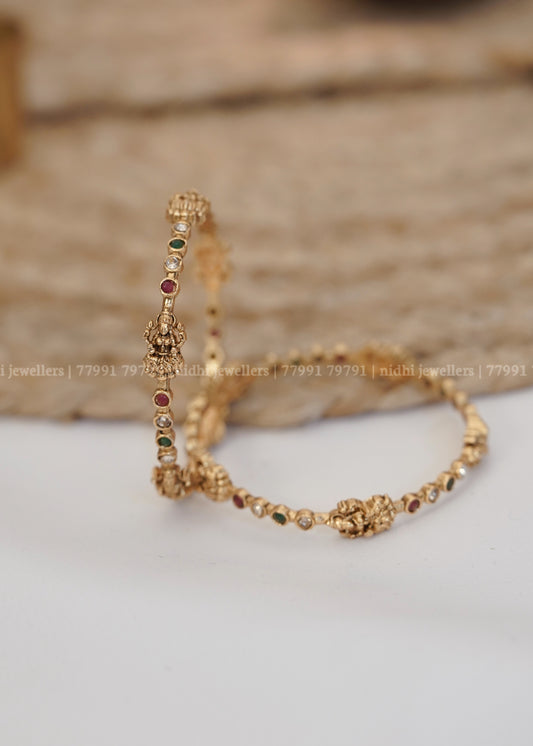 Affordable Antique Wavy Lakshmi Temple Bangles with Multi-Colour Accent Stones (Pair)