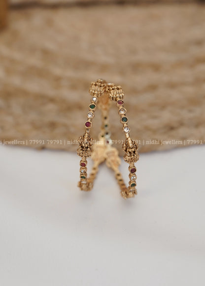Affordable Antique Wavy Lakshmi Temple Bangles with Multi-Colour Accent Stones (Pair)