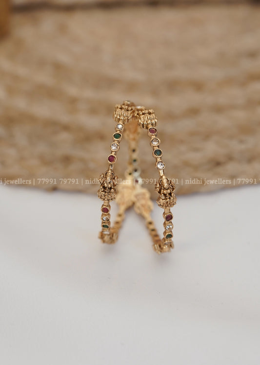Affordable Antique Wavy Lakshmi Temple Bangles with Multi-Colour Accent Stones (Pair)