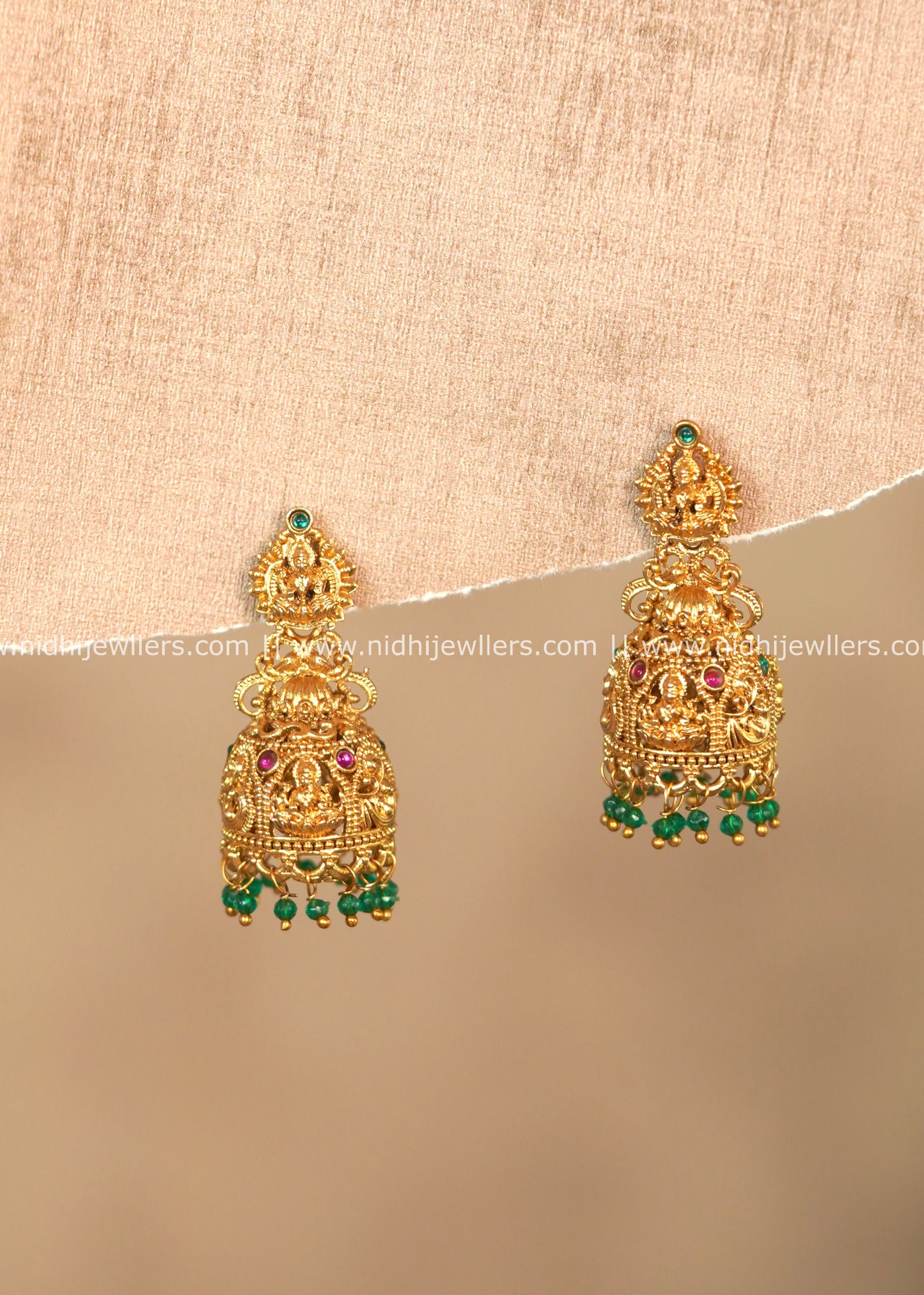 Lakshmi Temple Jhumka Earrings with Green Bead Drops – Lakshmika