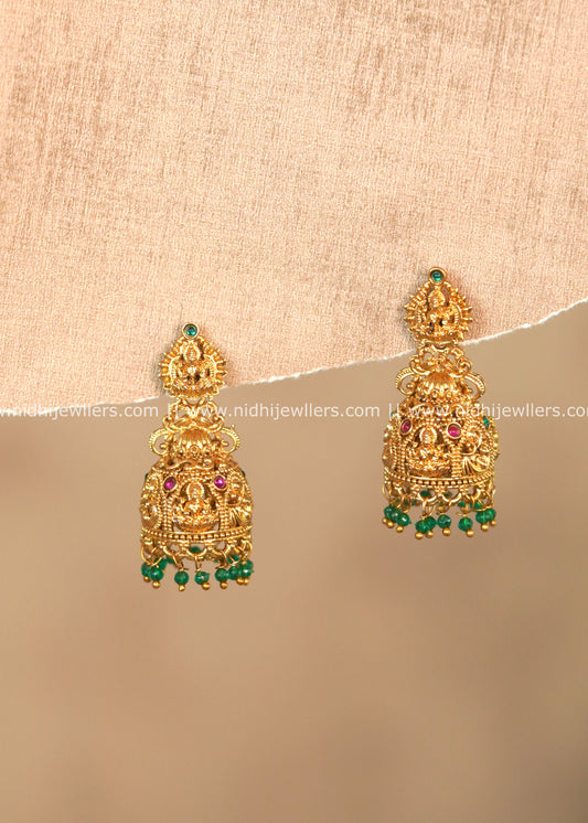 Lakshmi Temple Jhumka Earrings with Green Bead Drops – Lakshmika