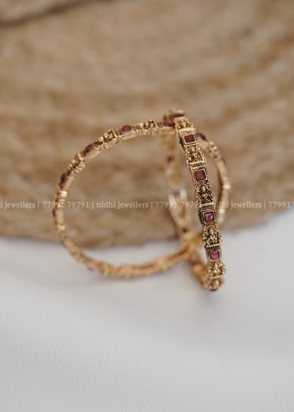 Affordable Antique Lakshmi Temple Bangles with Ruby Accents (Pair)
